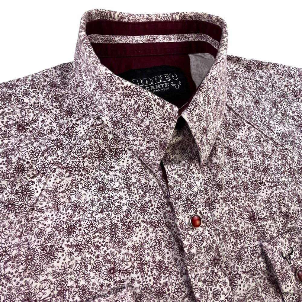 Vintage Rodeo Carte Western Pearl Snap Shirt Men's Large Maroon White Floral